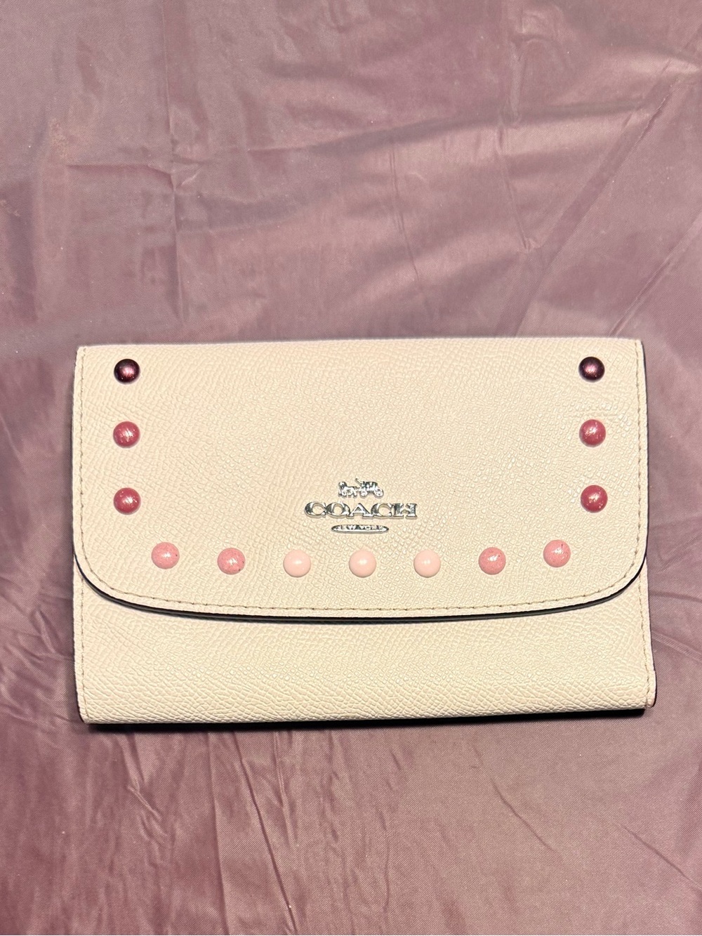 Coach Cream Pebbled Leather Wallet with Pink Ombre Studs - Picture 2 of 9